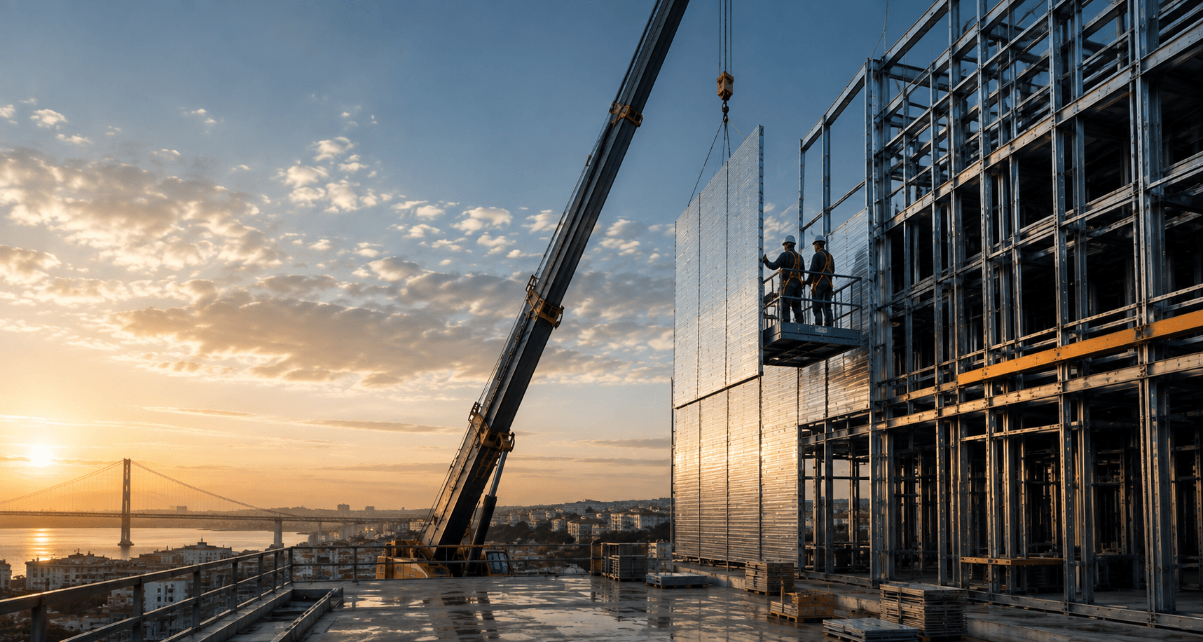 Obra de fachada em steel frame ao entardecer, guindaste içando painel e equipe em EPI completo, com skyline ao fundo.