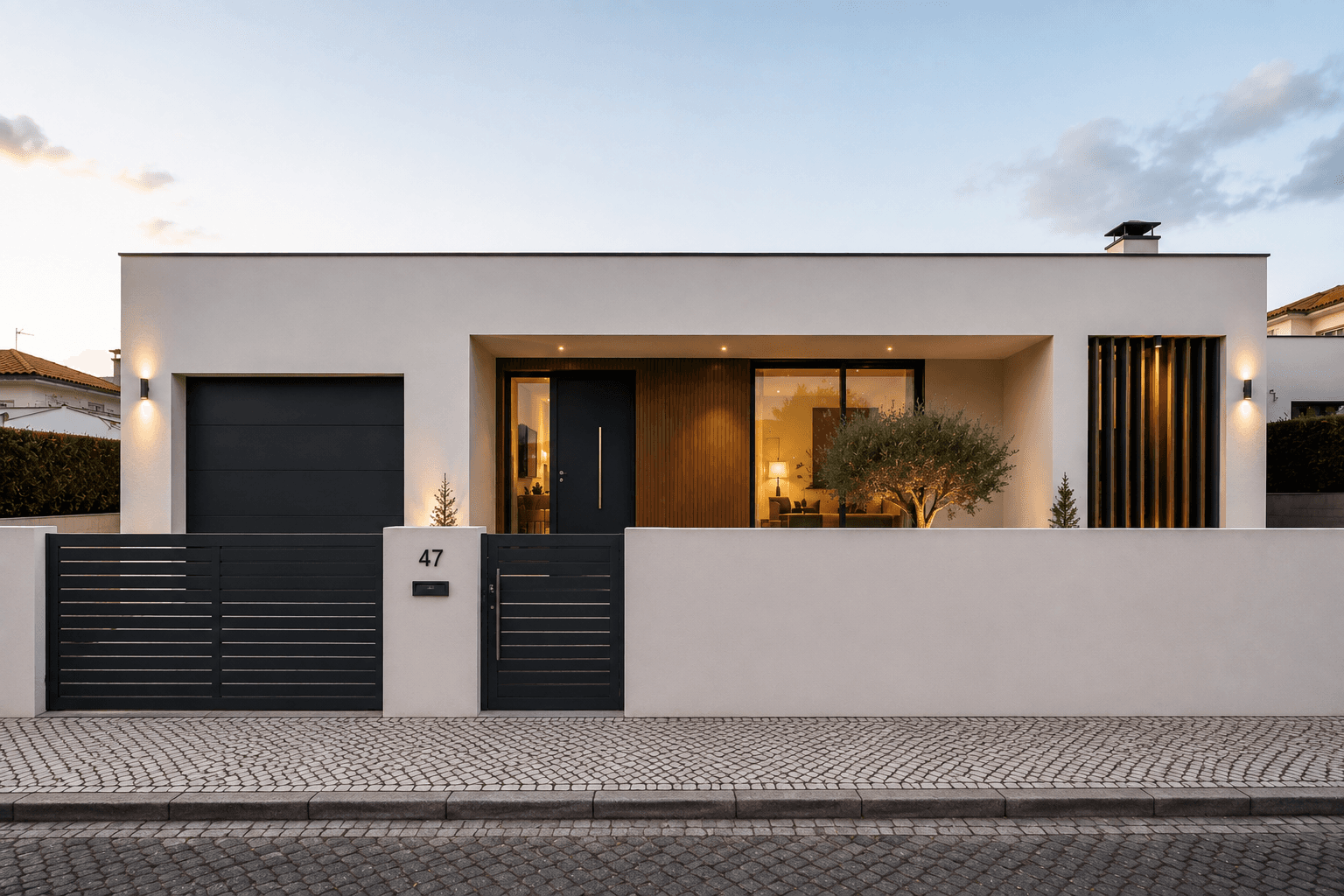 Fachada residencial moderna com revestimento claro, portão em steel frame e iluminação externa ao entardecer.