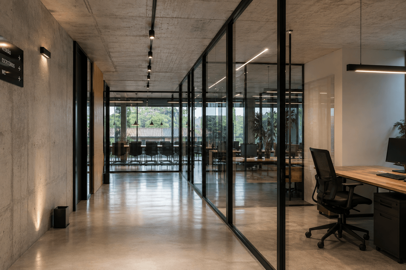 Corredor corporativo com divisórias de vidro e drywall, iluminação embutida e vista para área externa.